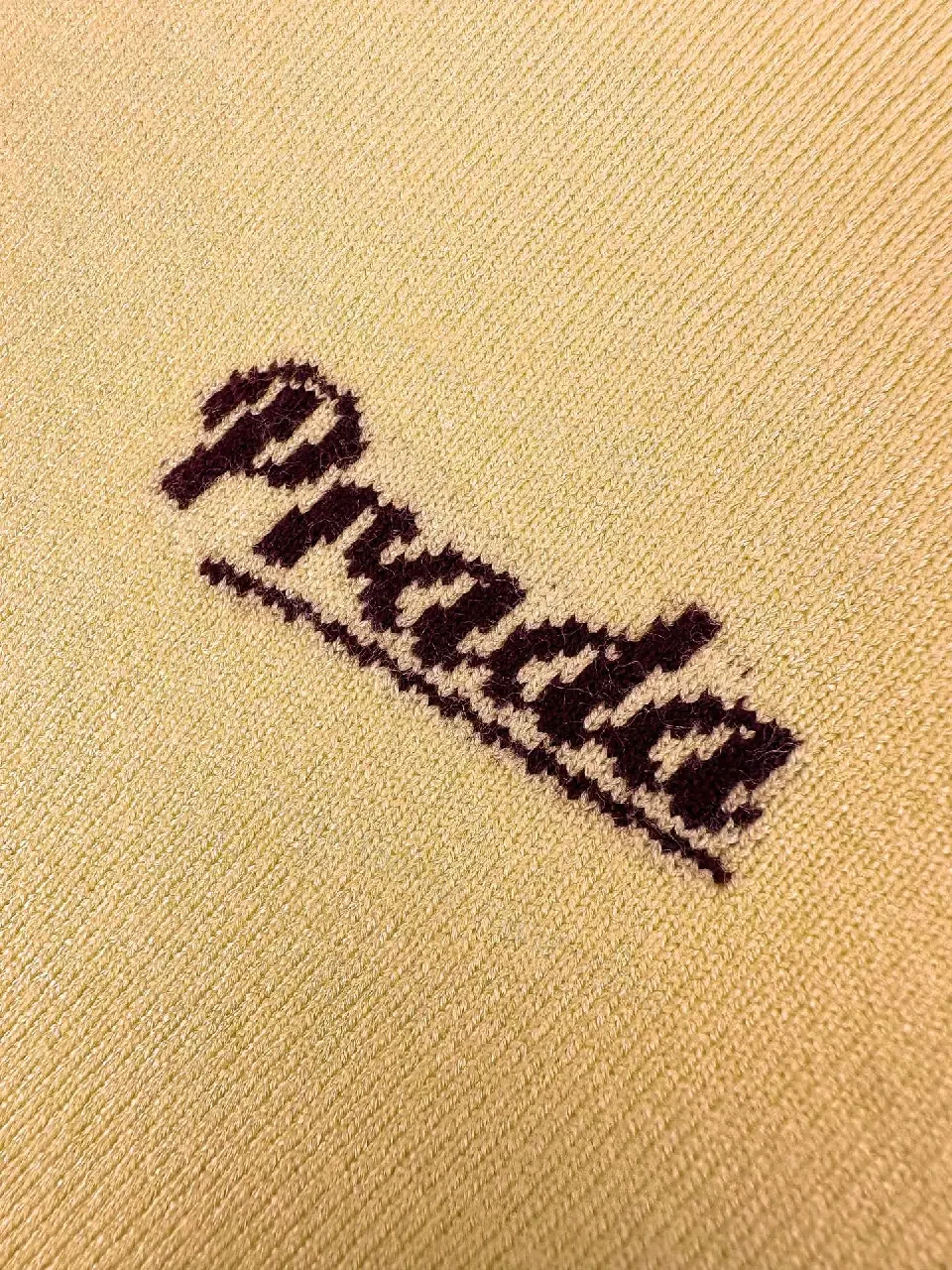 View 3 of Yellow Knit T-Shirt with Black Logo Embroidery, Minimalist Crewneck Top