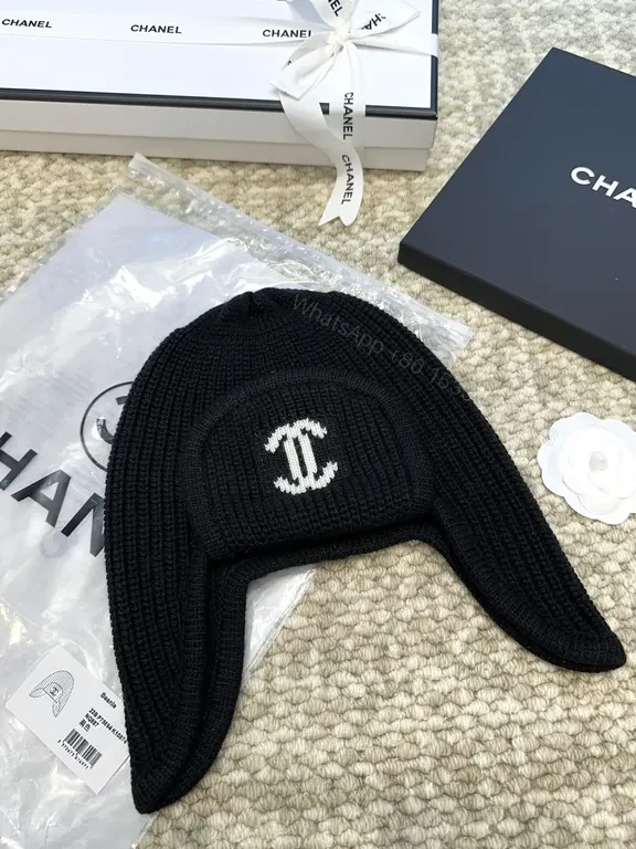 View 4 of Chanel-Inspired Knit Ear Warmer Cap with Logo Patch