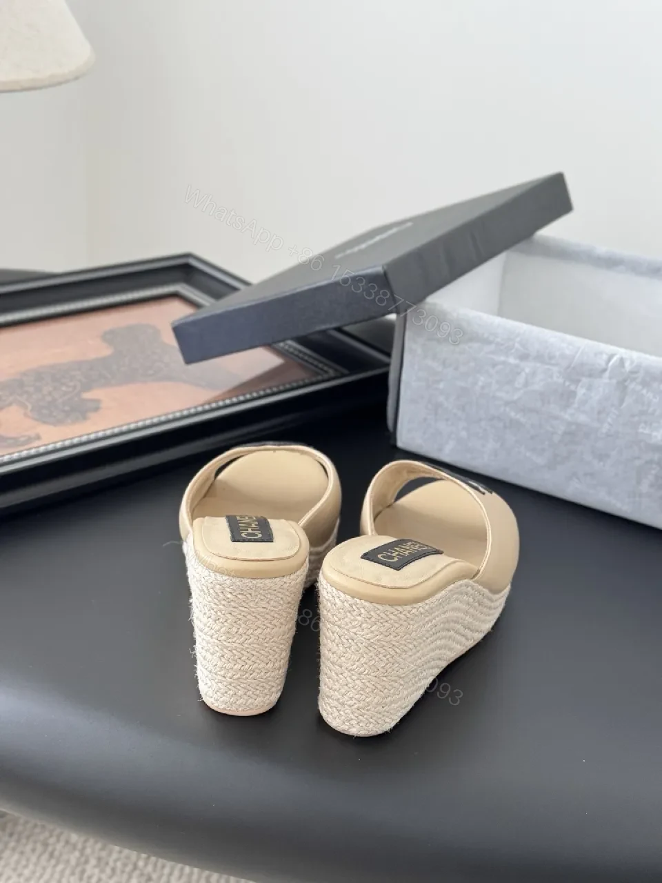 View 5 of Beige Leather Wedge Mules – Subtle Logo Elevation Shoes