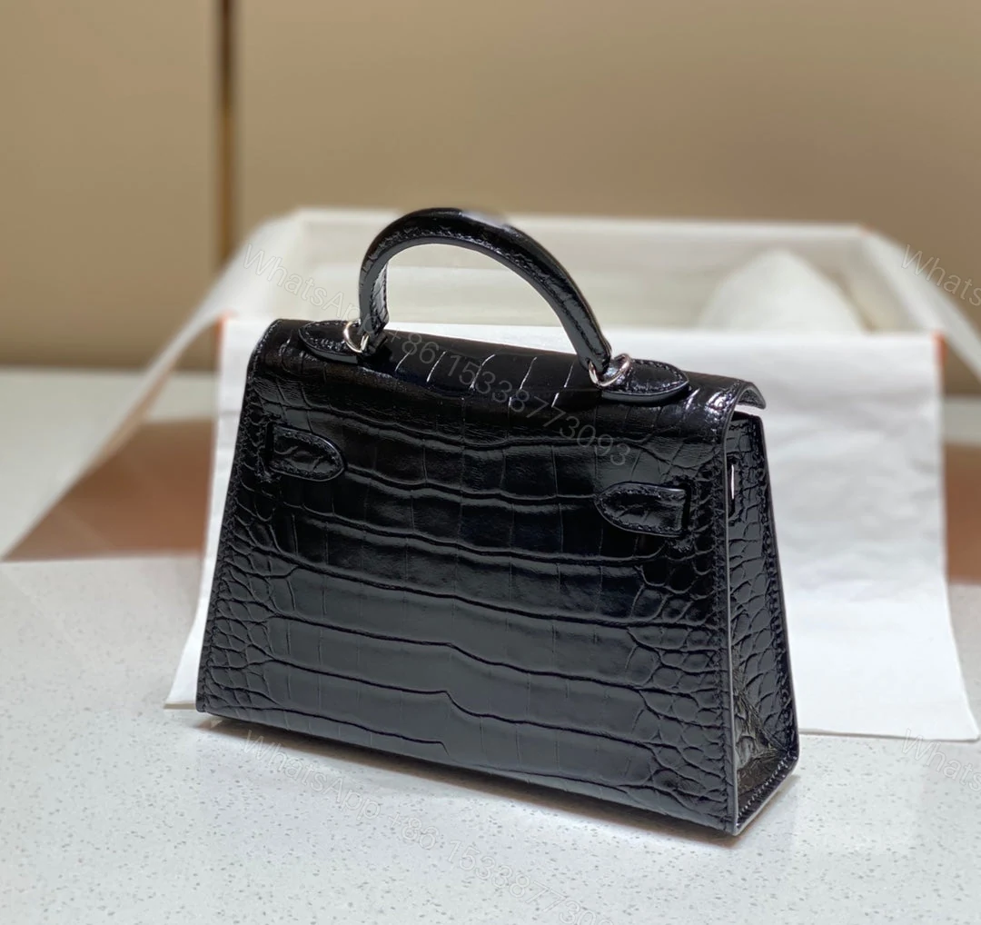 View 3 of HERMES MINI KELLY IN BLACK CROCODILE SKIN SILVER HARDWARE