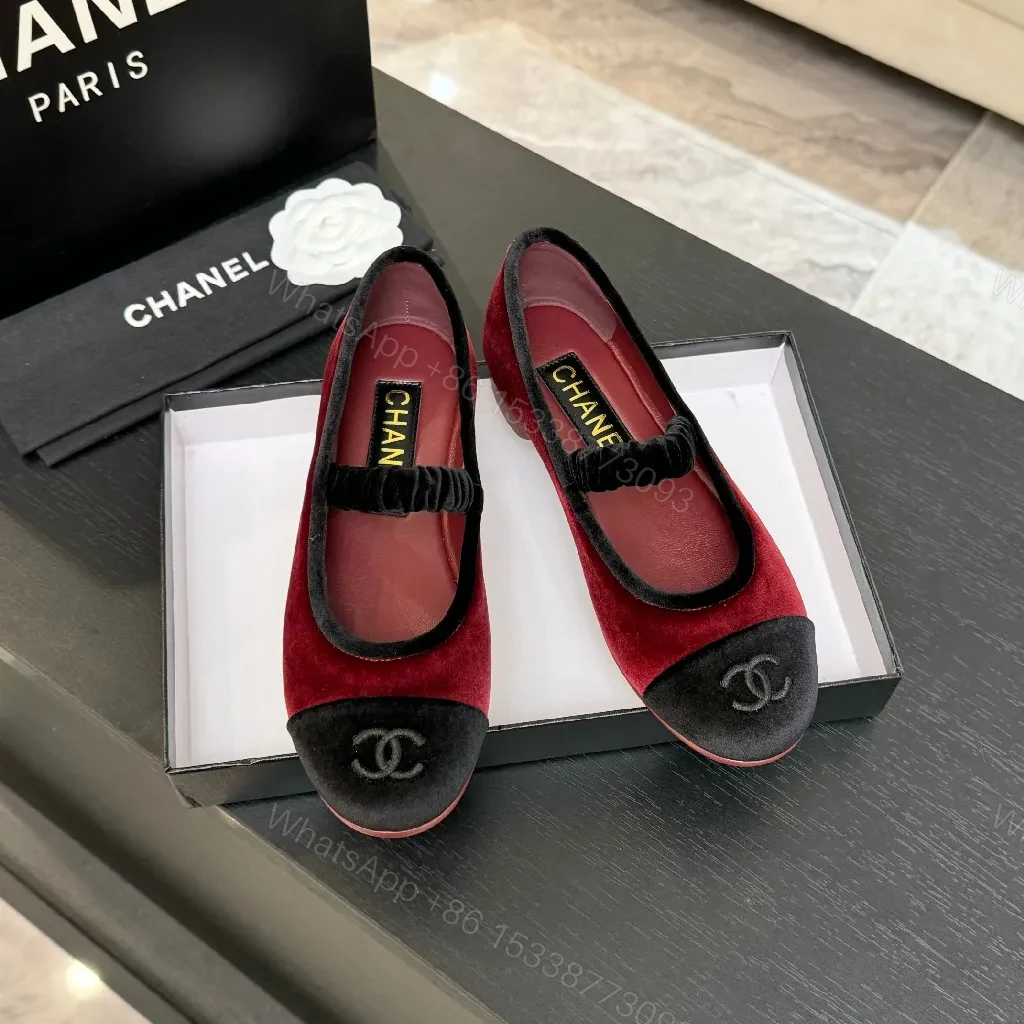 View 2 of Red Velvet Ballet Flats with Black Cap Toe, Velvet Detail, Signature Embellishment