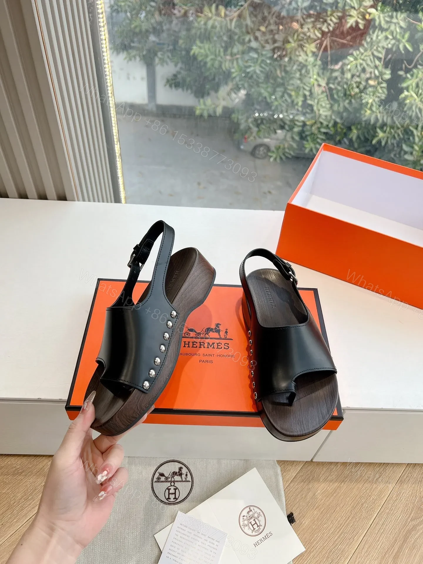 View 6 of Hermes Women Black Leather Slingback Sandals