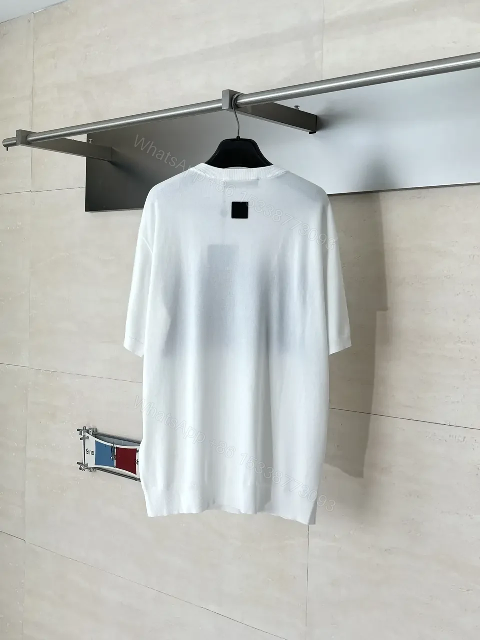 View 6 of White Linen-Blend? Crew-Neck Tee Bold LV-Geometric Chest Band T-Shirt