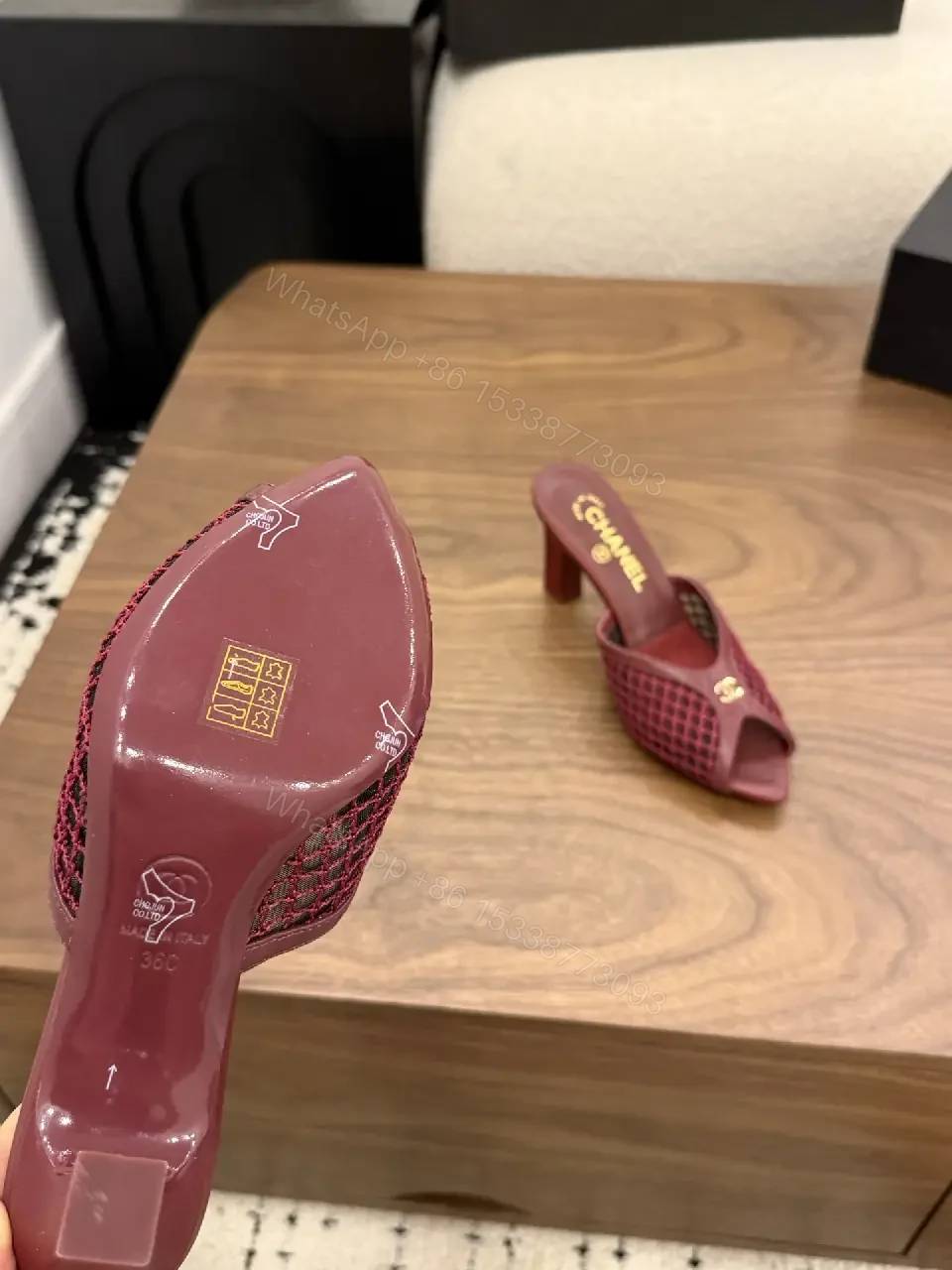 View 4 of Red Leather Mesh Heel Sandals Classic Chanel Style Mid Heel Sandal