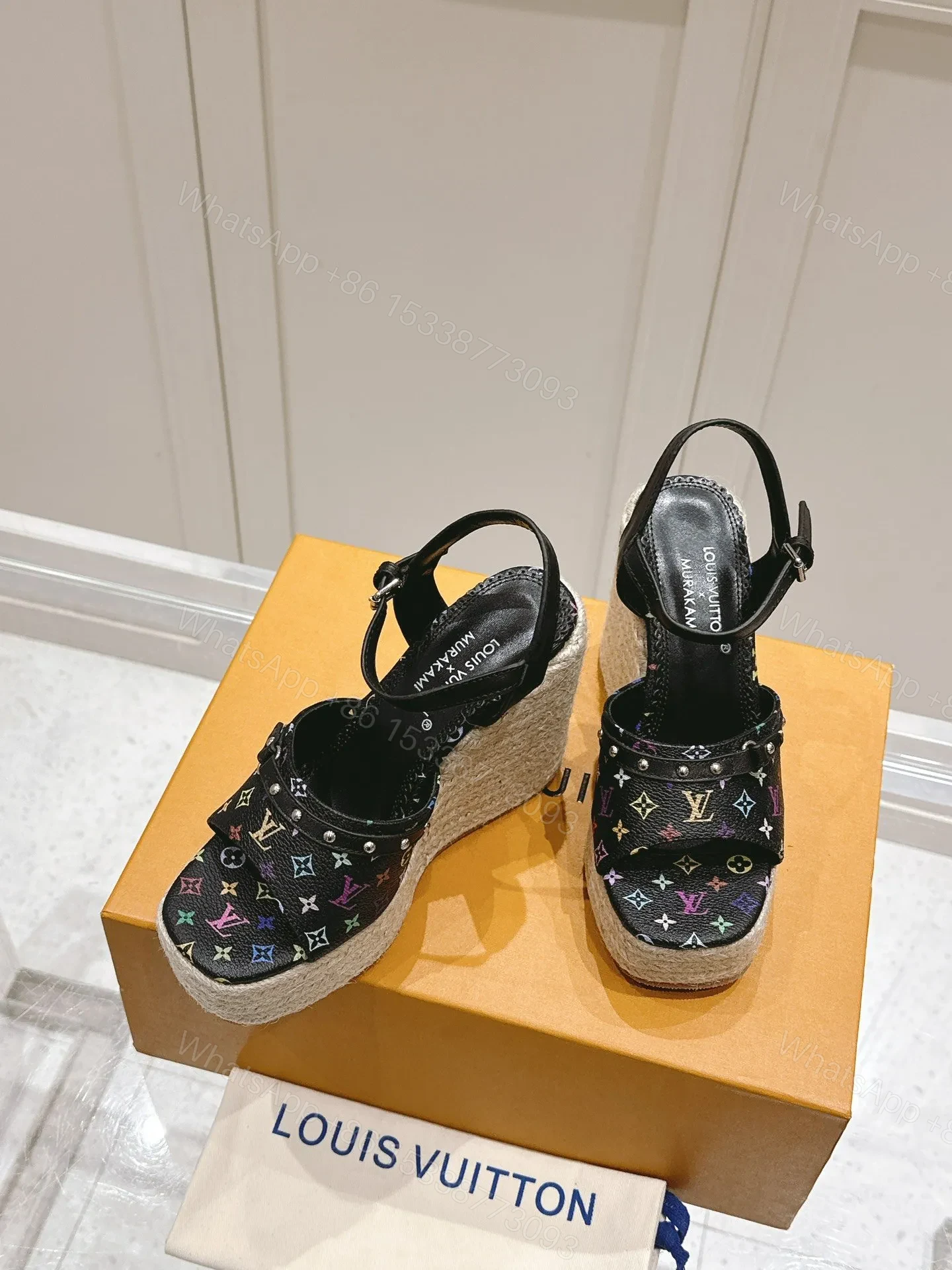 View 5 of LV Women Black Leather Espadrille Wedge Sandals