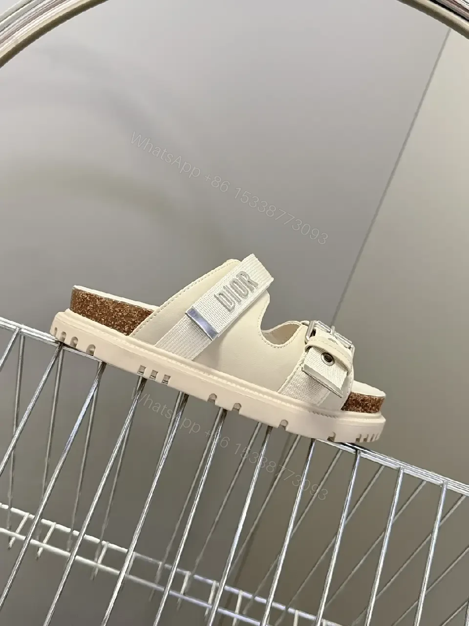 View 4 of Cream Leather Sandals, Metallic Buckle, Dior Style, Cork-Insole Comfort, Sandals