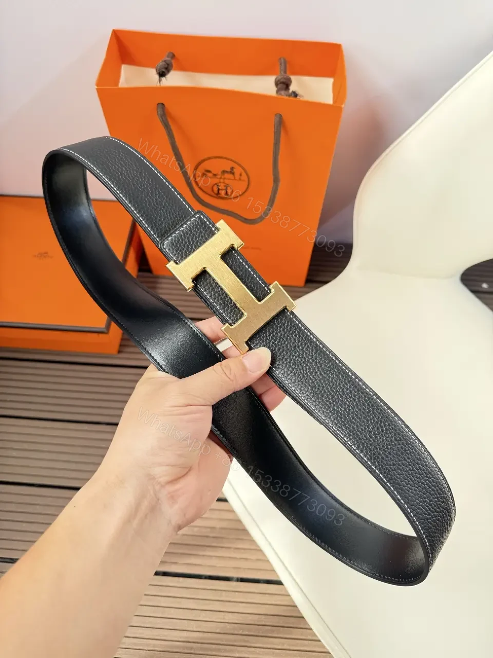 View 2 of Textured Leather Belt with Gold Buckle, Sophisticated Everyday Style