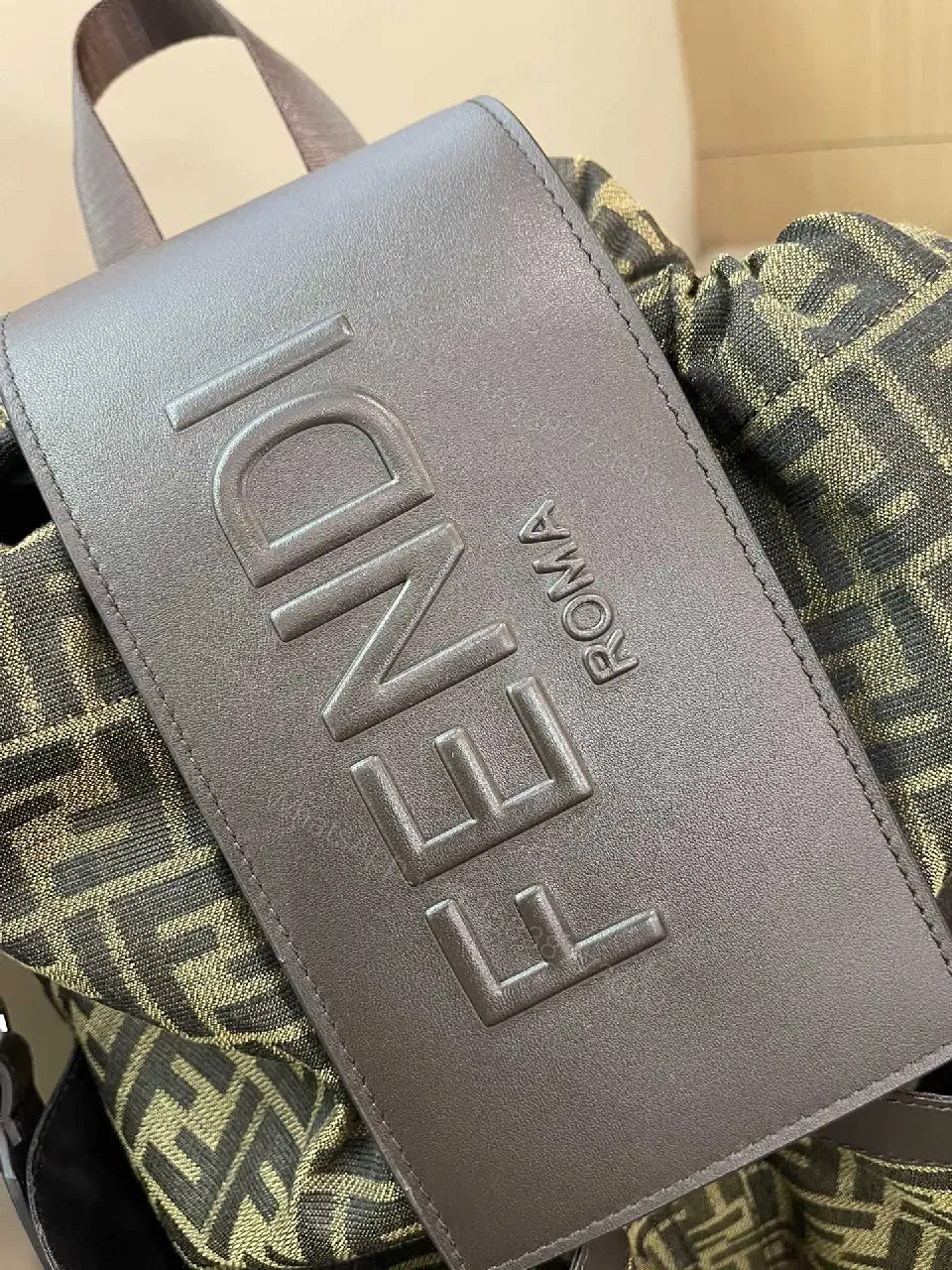 View 6 of Brown/Olive Modern Backpack with Fendi Monogram, Leather Accents, Gray Flap