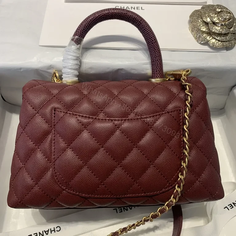 View 7 of Burgundy Quilted Leather Handbag with CC Turn-Lock