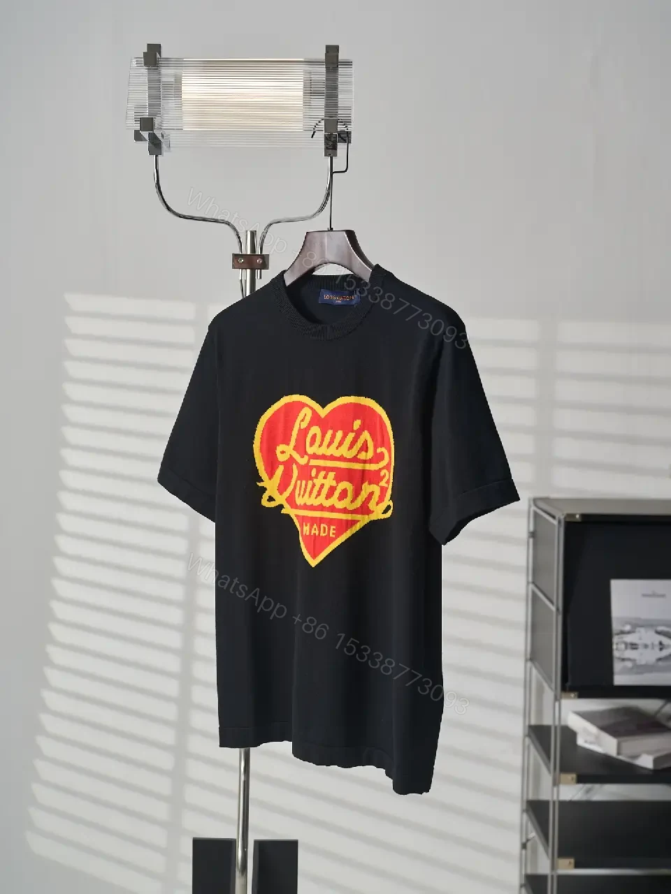 View 9 of Black Embroidered Heart Crewneck T-Shirt Louis Vuitton Logo Outline Feature