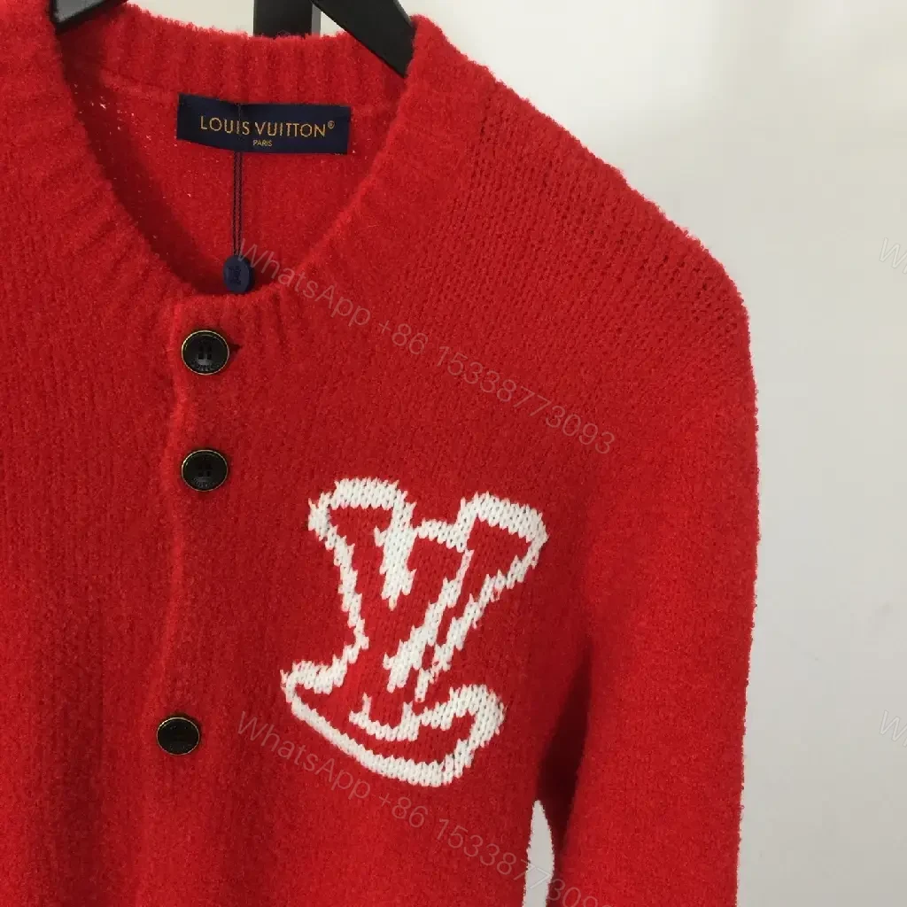 View 2 of Bold Red Cardigan with Luxe Logo Emblem - Cozy, Everyday Chic
