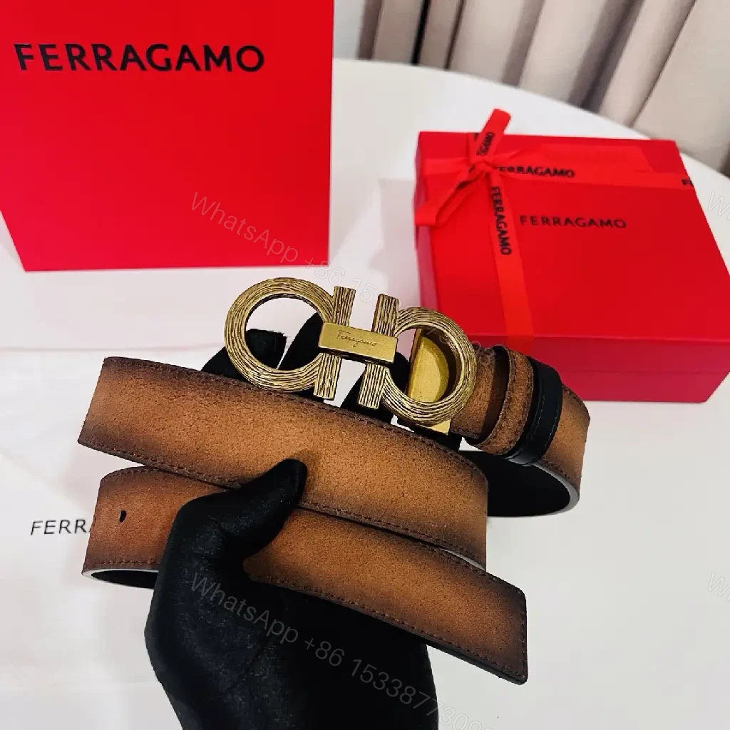 View 7 of Brown Leather Belt Distressed Matte Double-GC Buckle Ferragamo Logo Belt