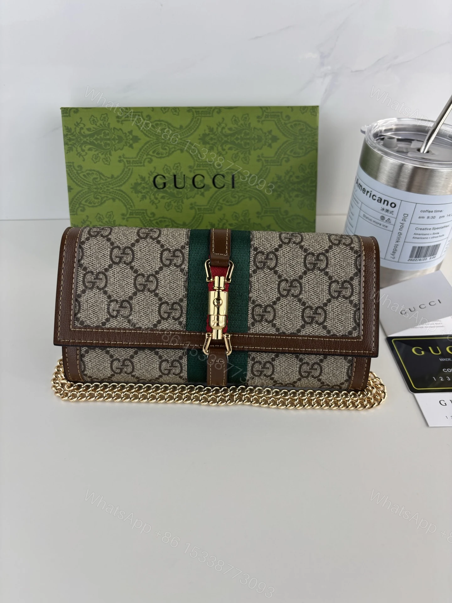 Gucci原單女用喬姬鏈條包 GG老花綠紅織帶復古扣飾設計 — view 1