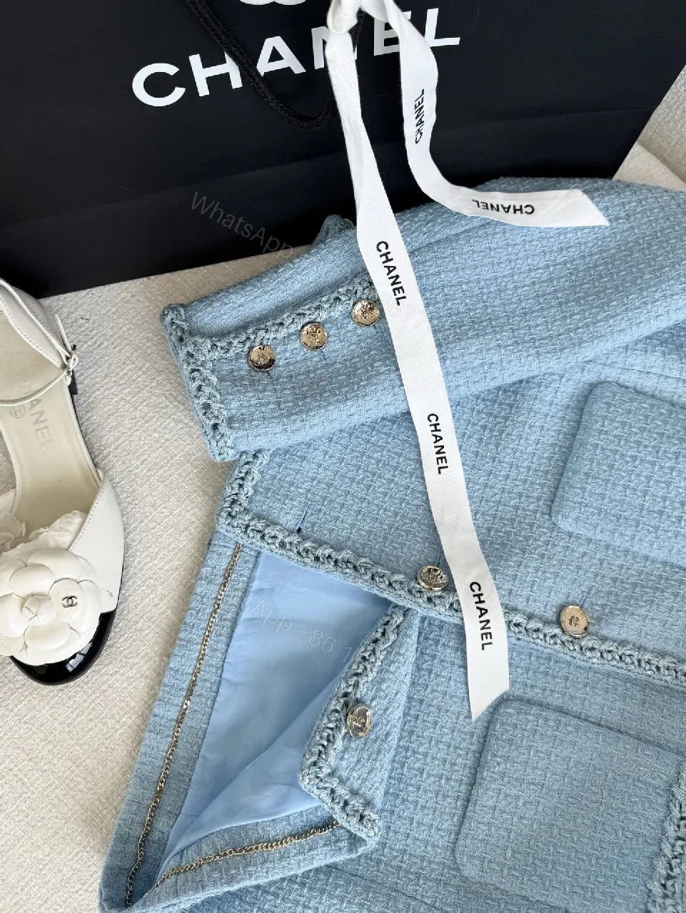 View 8 of Soft Blue Tweed Jacket with Fringe Detail, Light-Cropped Style