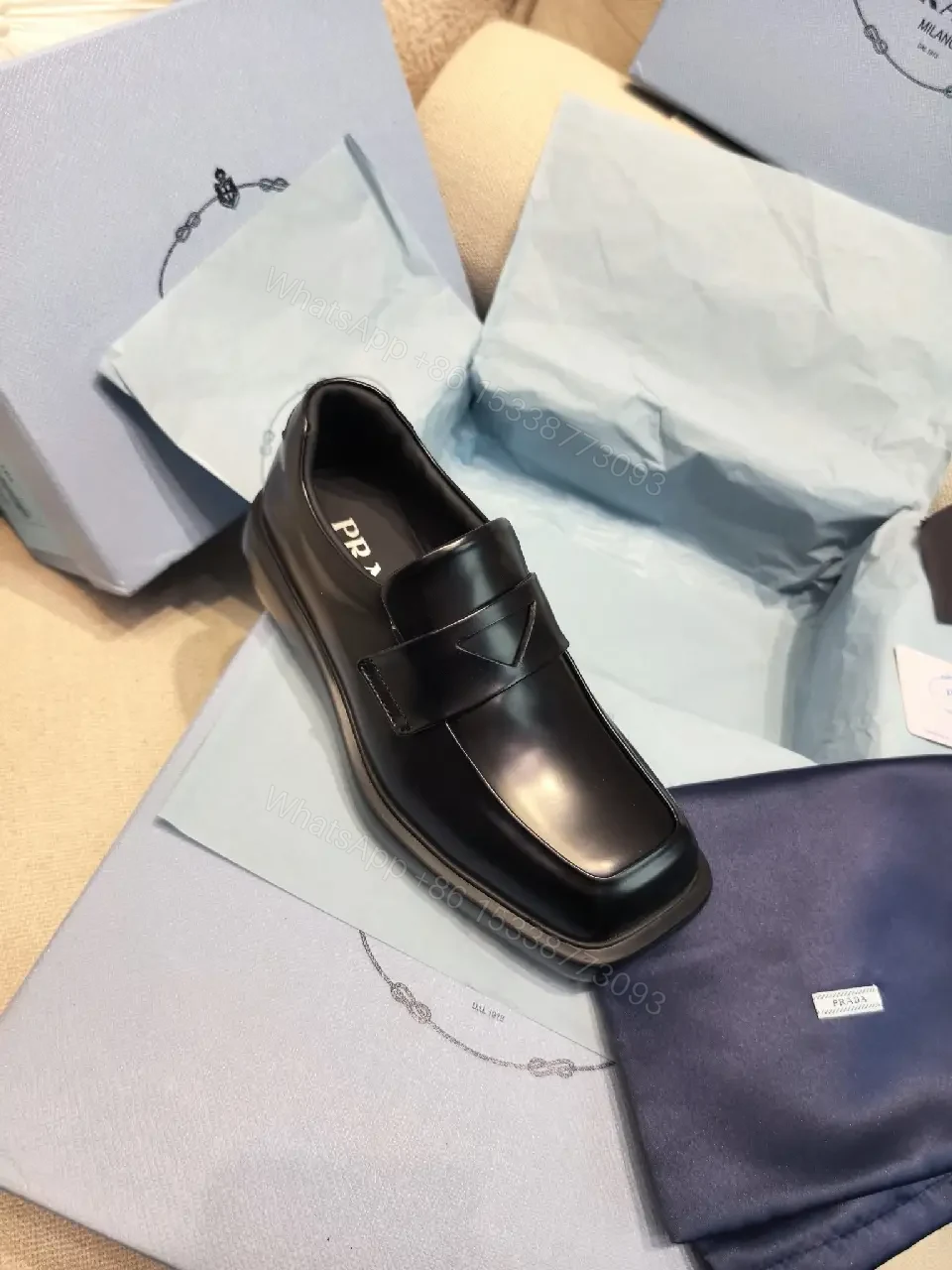View 6 of Black Leather Prada Muffin-Style Loafers - Minimalist Square Toe