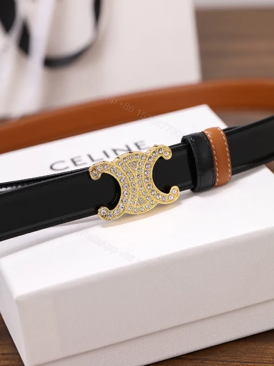 View 5 of Black Leather Belt with Gold Crystal Clasp Belt