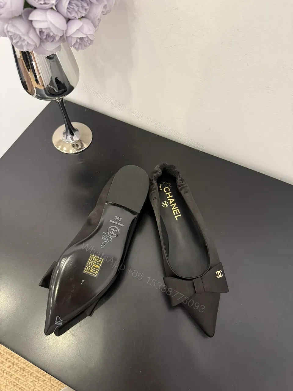 View 8 of Black Satin Pointed-Toe Mules with Bow Detail