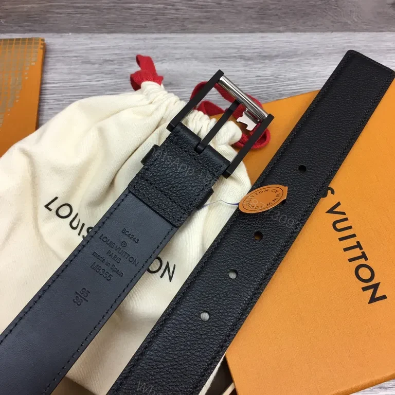 View 4 of Sleek Black Leather Belt with Signature Hardware - LV Emblem System