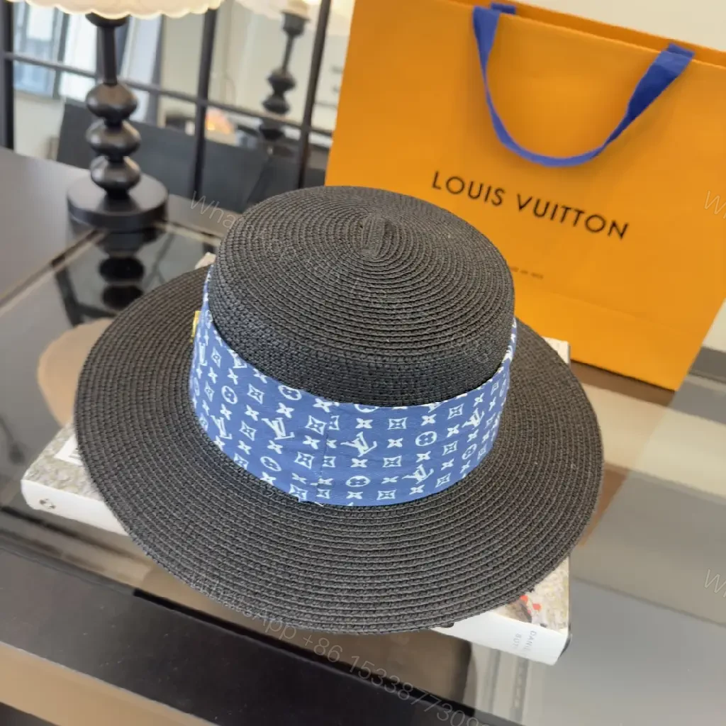 View 6 of Black Woven Hat with Blue Band and LV Charm | Wide Brim