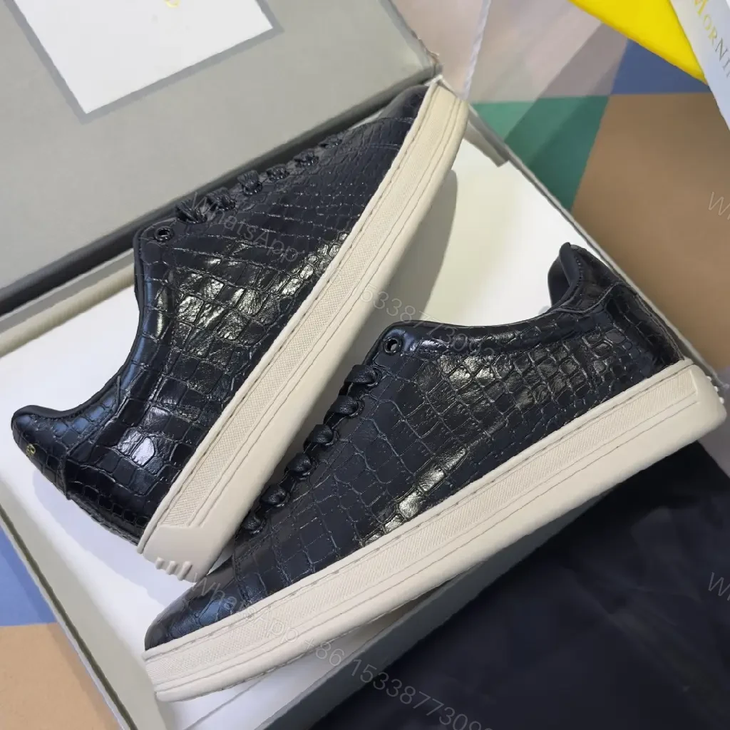 View 6 of Croc-Textured Leather Sneakers – Black & Cream, Luxury Casual