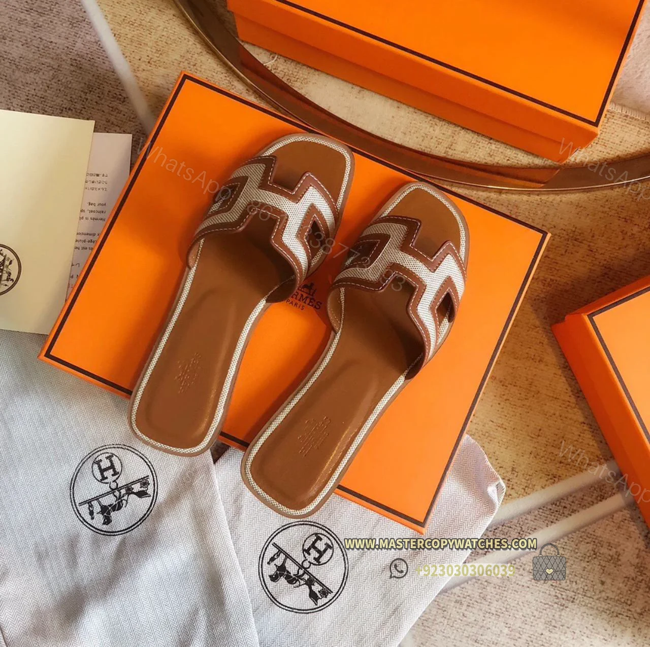 Hermes Ladies Sandals Flat Oran Brown with white — view 1