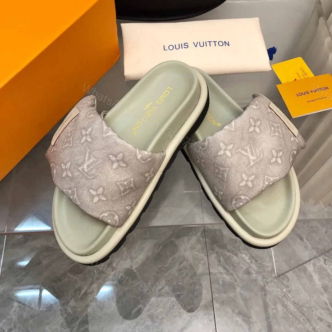 View 4 of LV Women Light Gray Fabric Slides Sandals
