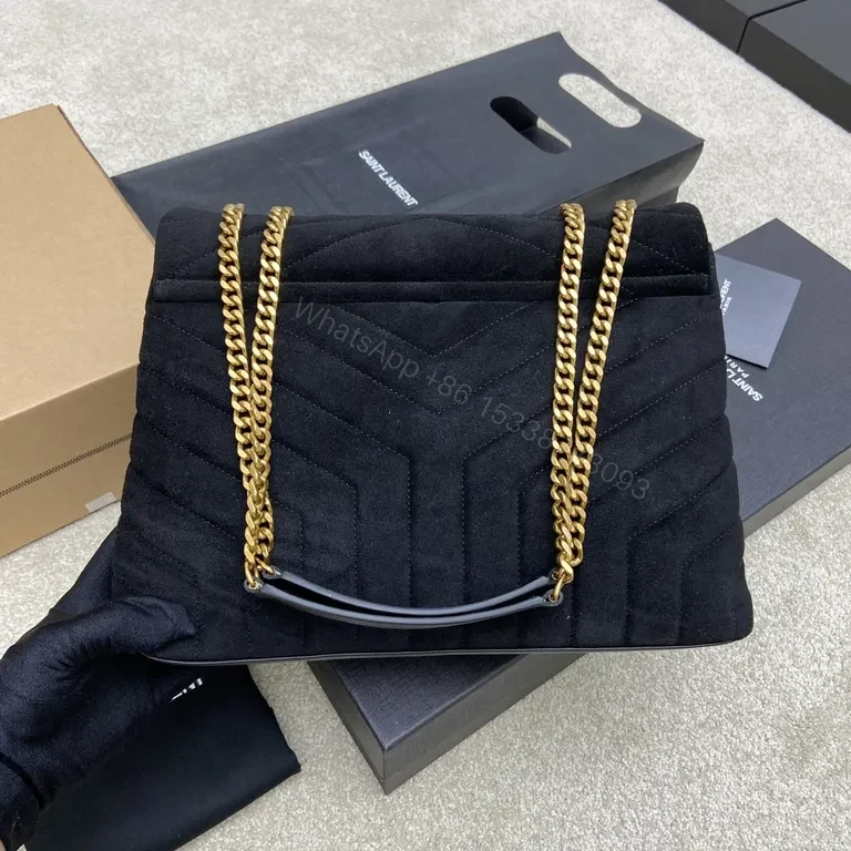 View 3 of Chic Quilted Black Velvet Messenger: YSL Logo Bag