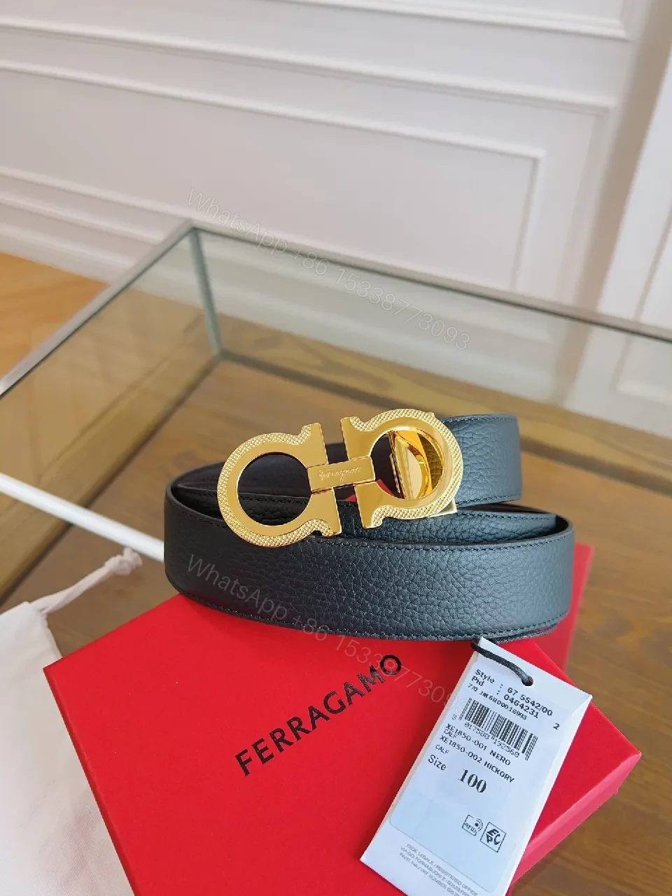 View 6 of Black Leather Belt with Gold Gancini Clasp, Luxe Classic Style, Adjustable