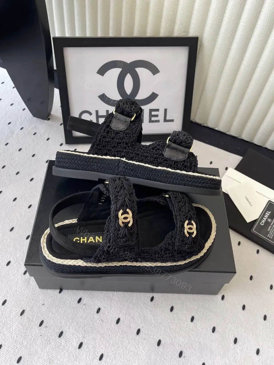 View 5 of Crochet-Texture Sandals in Black with Gold Hardware