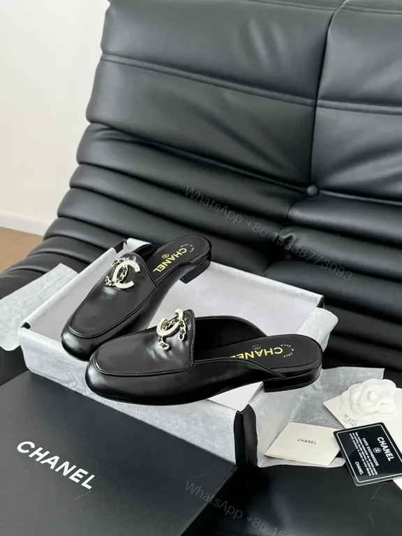 View 7 of Chanel-Inspired Black Leather Slip-Ons with Signature Hardware