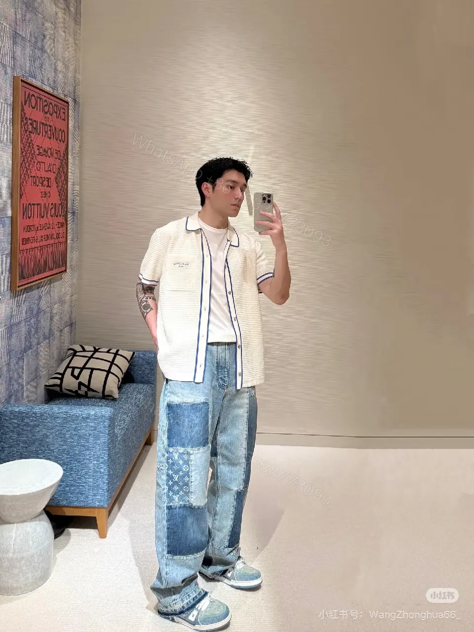 View 7 of White Knit Polo Shirt Blue Trim Louis Vuitton Style Key Pocket Polo Shirt