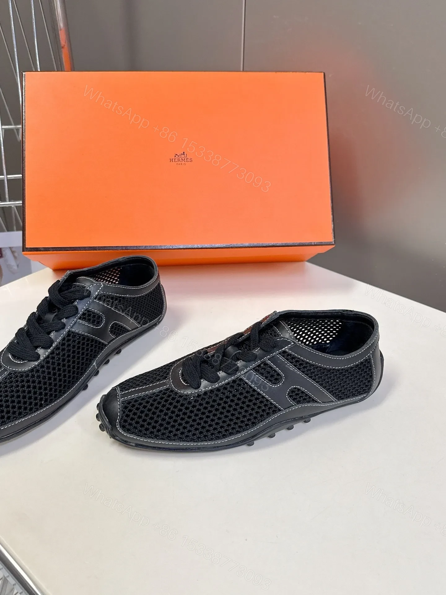 View 4 of Hermes Women Black Mesh Leather Sneakers