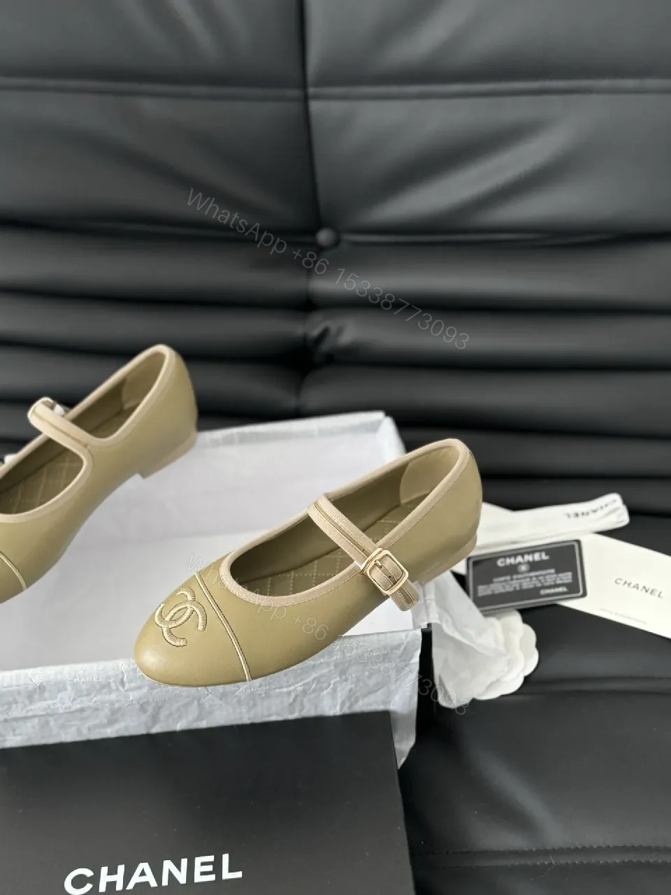 View 7 of Taupe Leather-Look Mary Jane Flats with Cushioned Insole