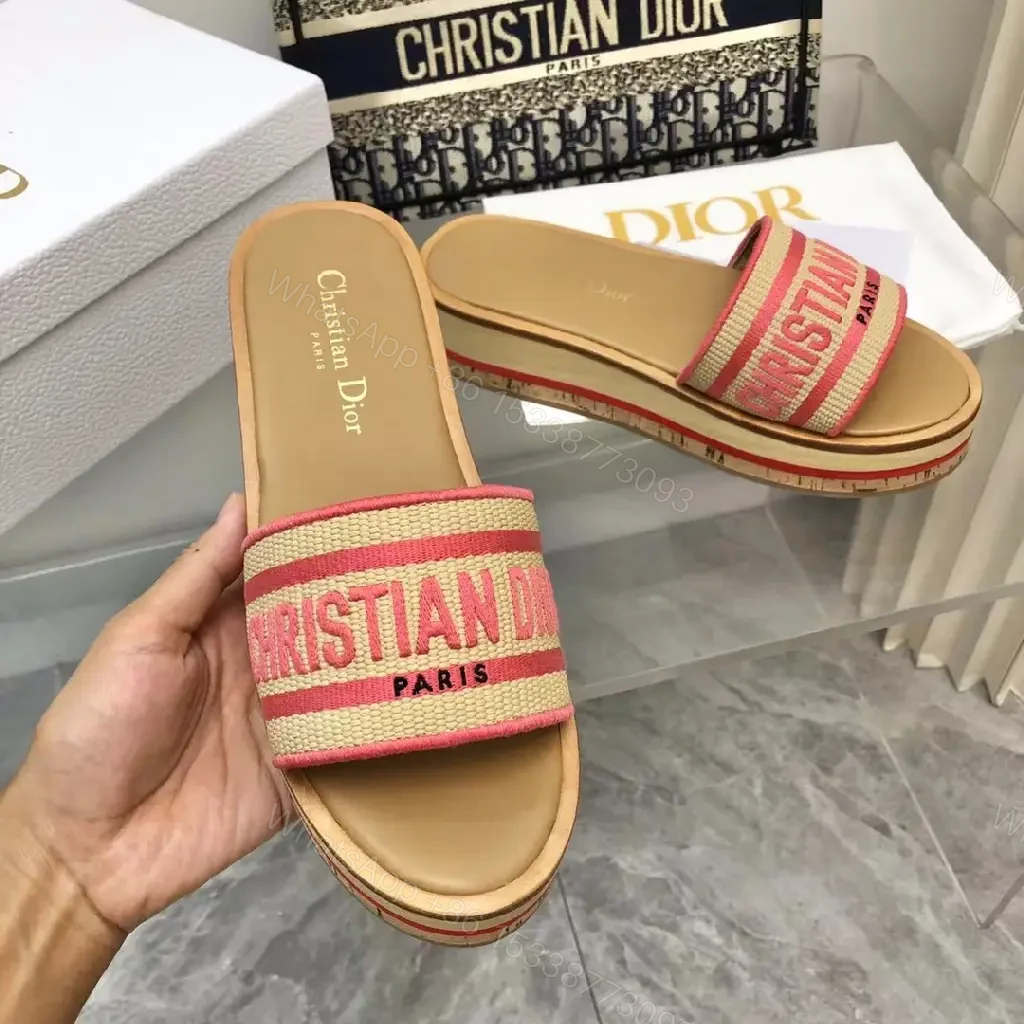 View 10 of Red-Tone Canvas Slide Sandals with Striped Band, Dior-inspired