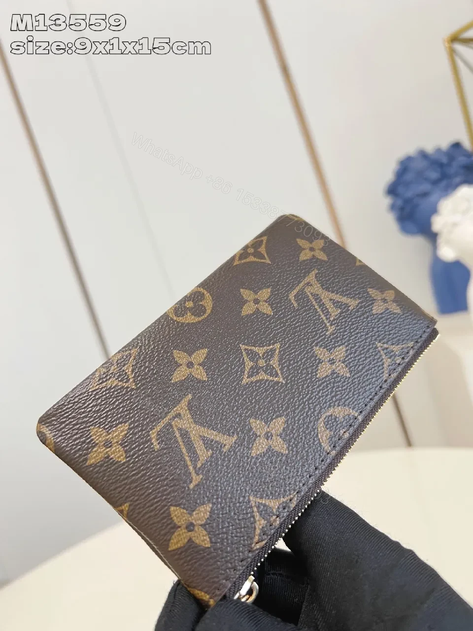 View 2 of Compact Monogram Wallet: Luxe Canvas, Gold Zip, Everyday Elegance
