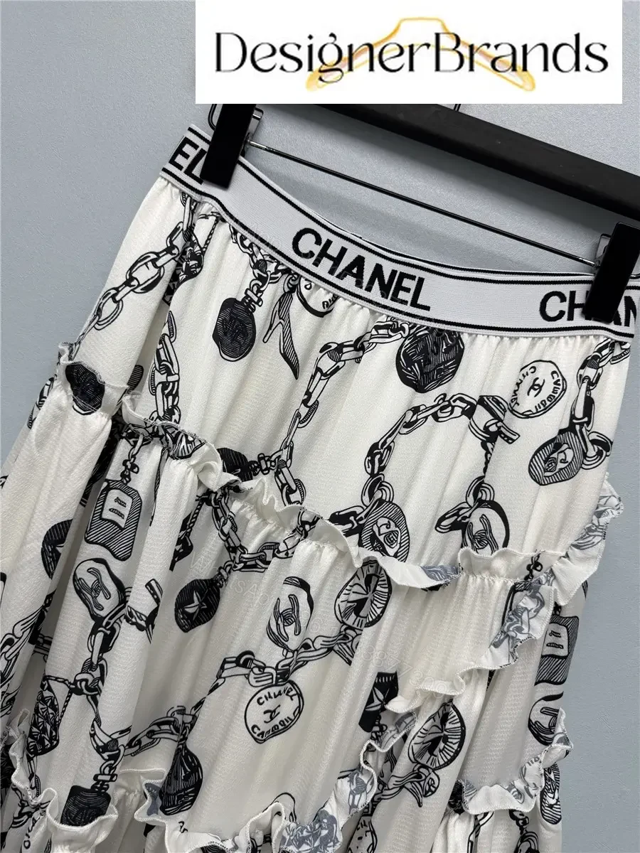 View 3 of Chanel White Maxi Dress with Black Chain Print