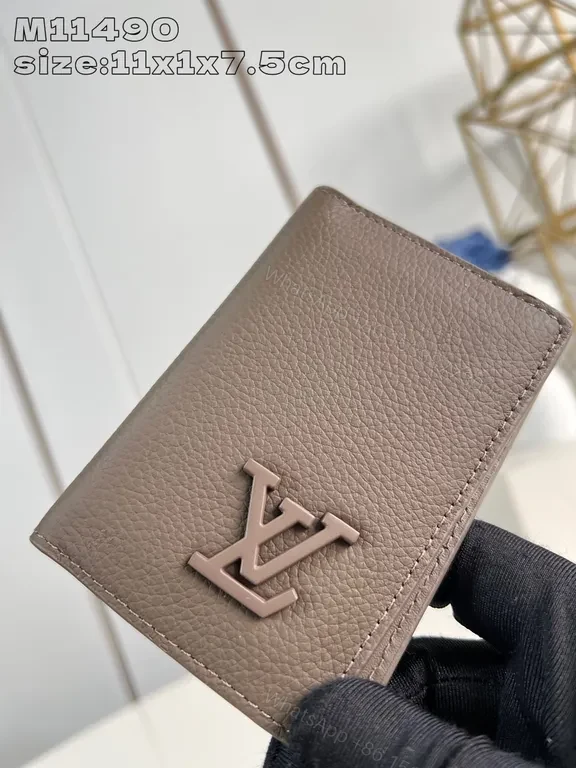 View 2 of Taupe Pebble Leather Card Holder with Subtle LV-Inspired Logo