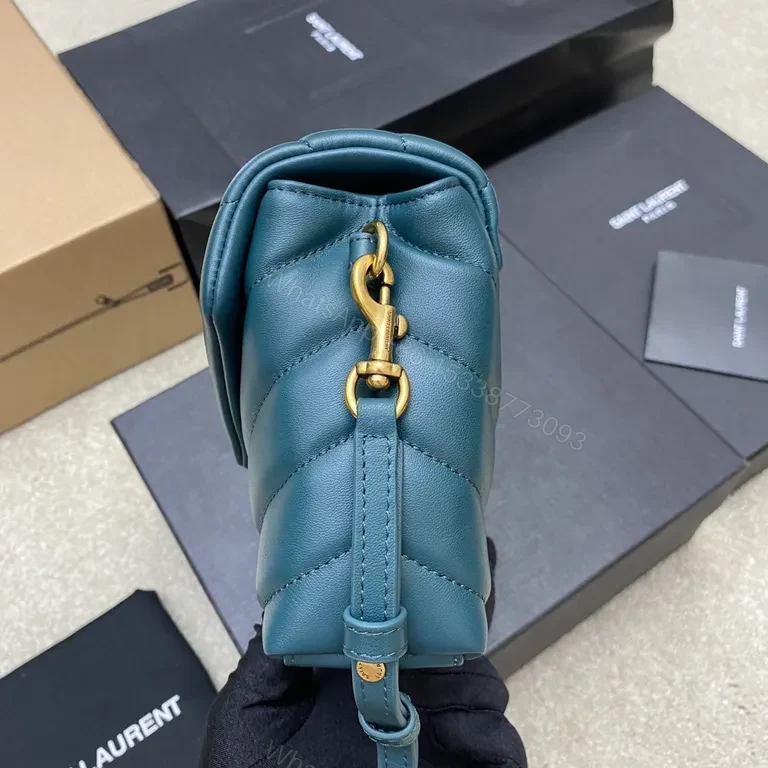 View 6 of Teal Quilted Flap Bag with Gold YSL Accent - Compact Luxury