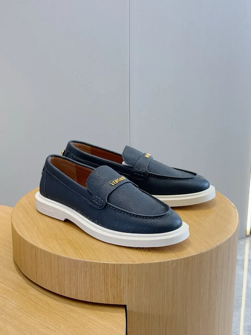 View 3 of Navy Leather Loafers with Luxe Twist, Slip-On, Cushioned Sole