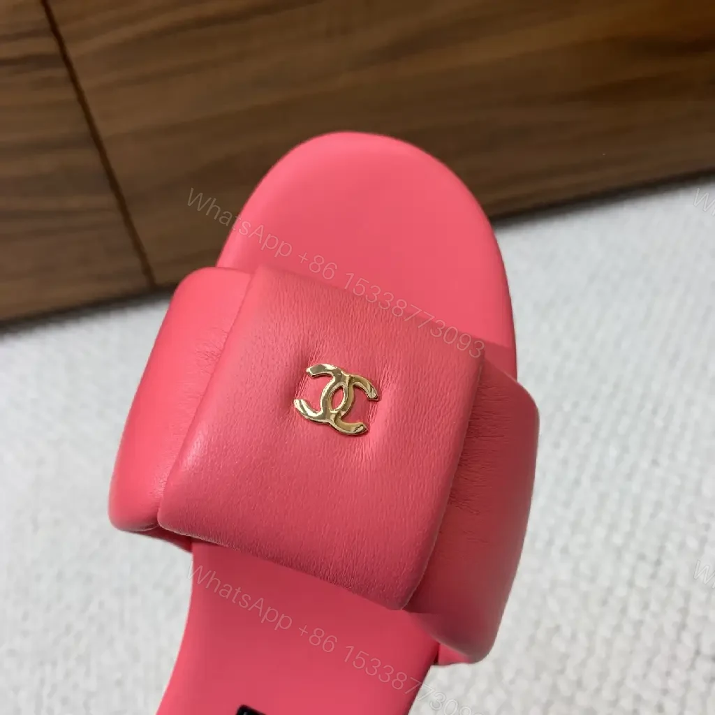 View 5 of Pink Leather Slide Sandals Gold Chanel Logo Slipper Style Bow Accent Sandal