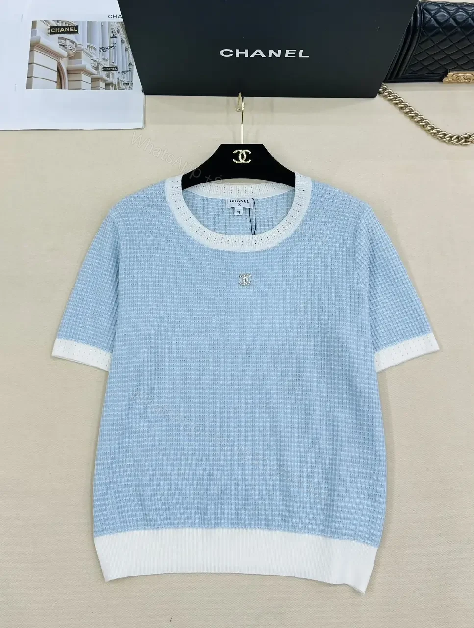 View 5 of Textured Knit Top: Powder Blue/Blush Pink, Chic, Lightweight Knitwear