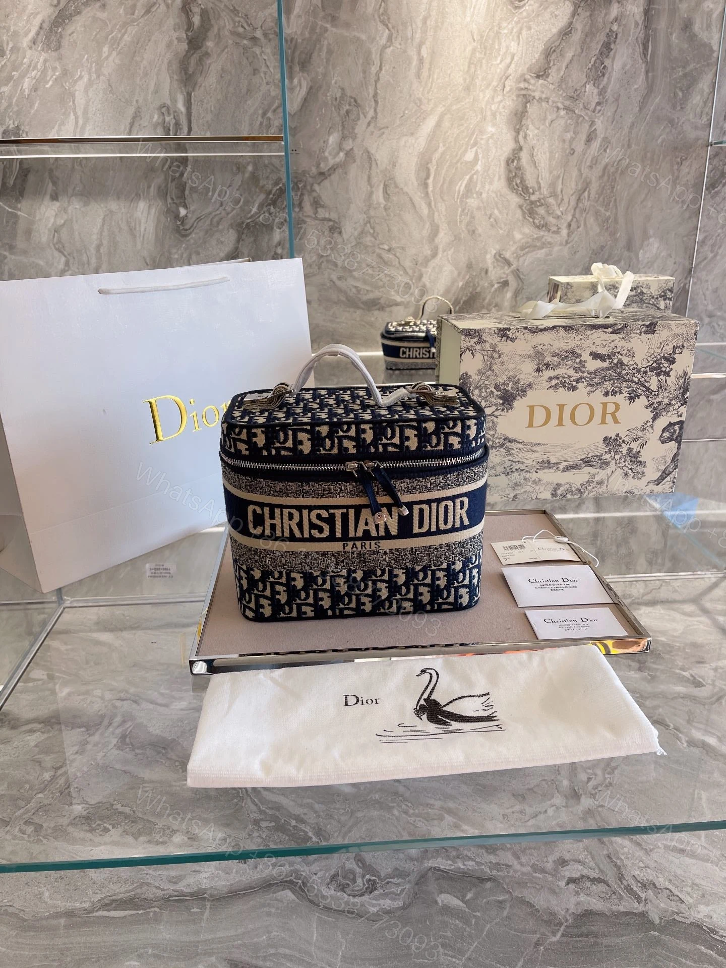 View 8 of Dior – Diortravel Vanity Case Blue Dior Oblique Embroidered Velvet – Women