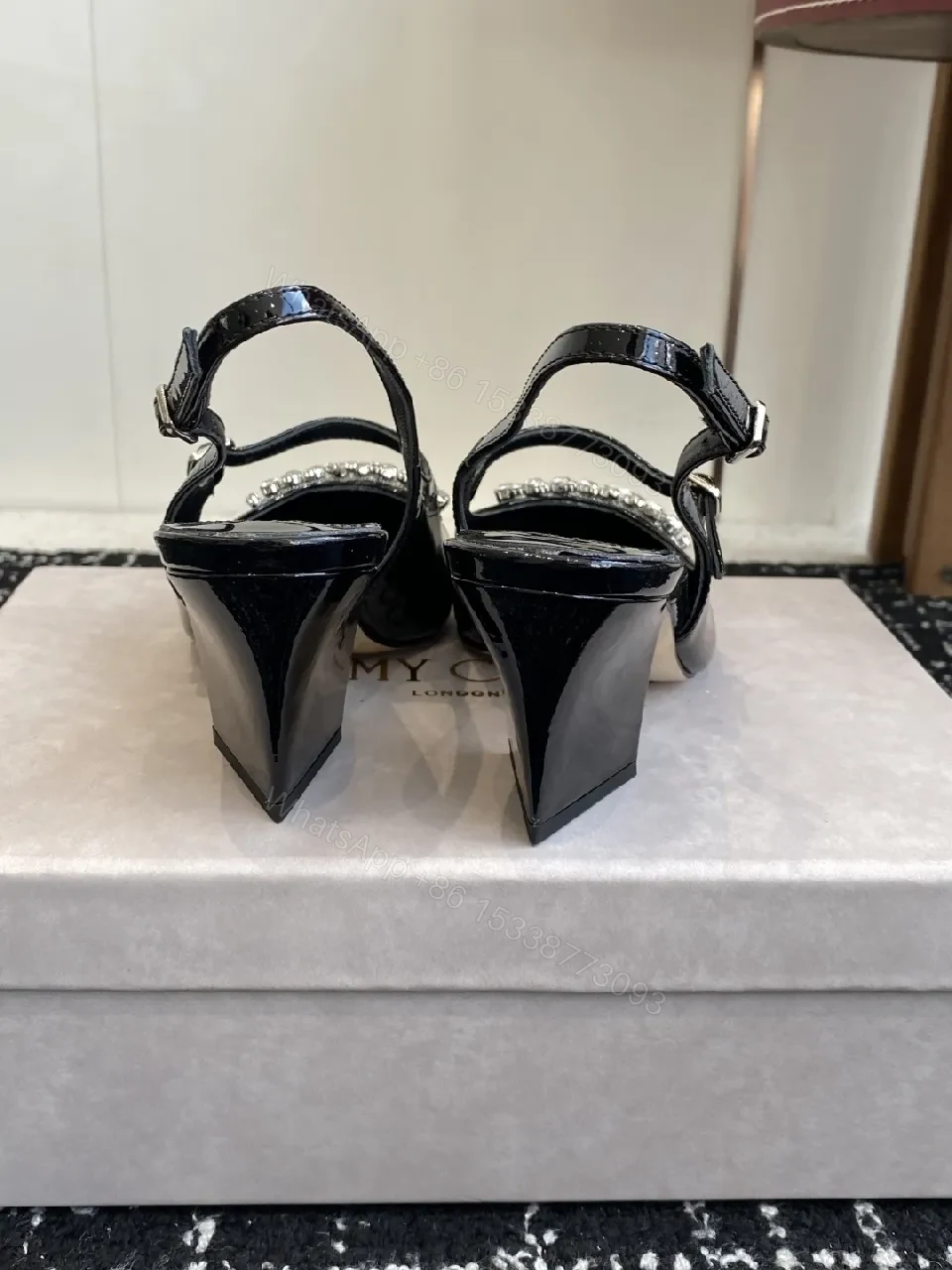 View 4 of Crystal-Embellished Black Patent Slingbacks with Adjustable Strap