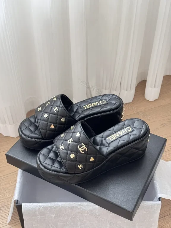 View 8 of Chanel-Inspired Quilted Slide Sandals with Gold Accents