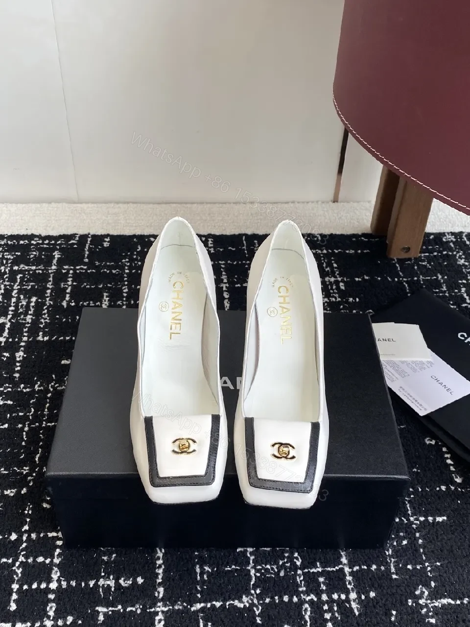 View 3 of White Leather Block-Heel Pumps with Gold Crest Accent