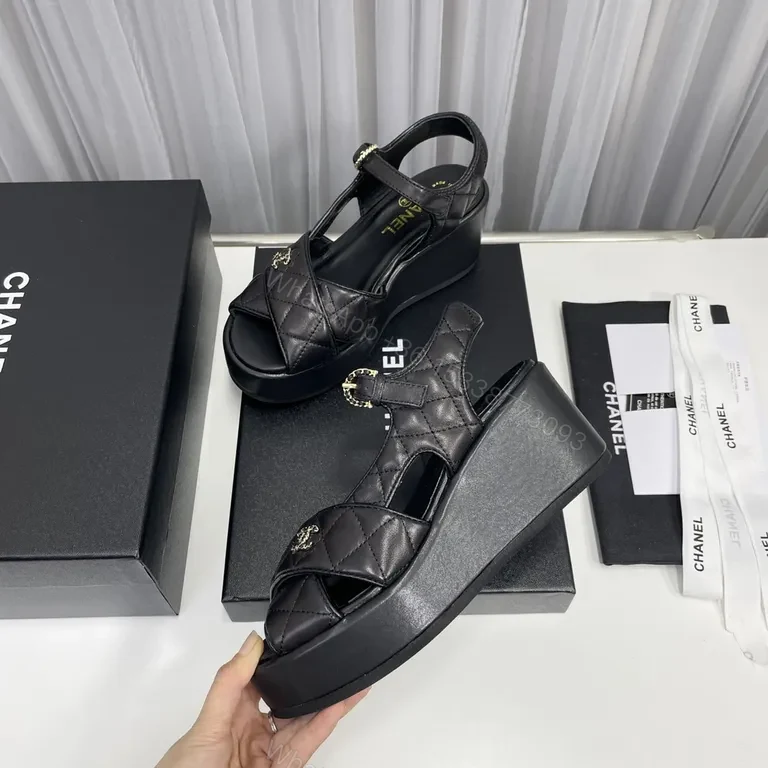 View 6 of Chanel-Inspired Quilted Platform Sandals â€“ Black, Gold Hardware