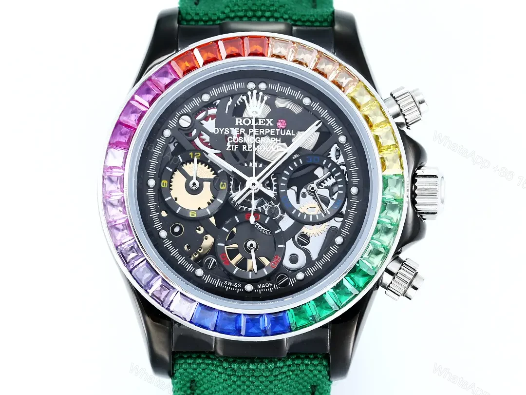 View 2 of Rolex Daytona Rainbow Skeleton Green Strap replica 40MM Fabric Strap Edition RLX-DAYTONA-RAINBOW-SKELETON-40MM-GREEN-FABRIC