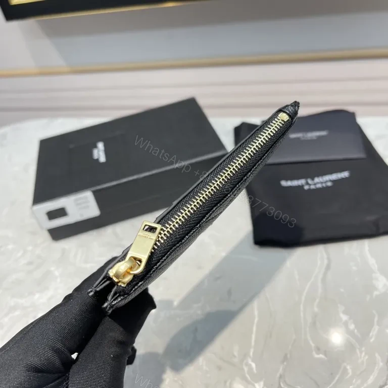 View 3 of Quilted Black Calfskin Wallet - Gold YSL Logo, Slim Profile
