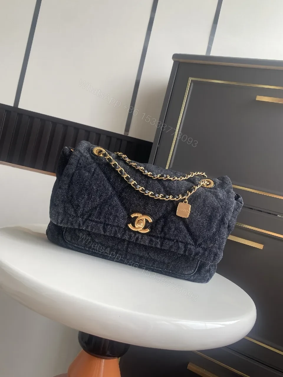 Denim-Texture Shoulder Bag: Modern Luxe, Gold-Tone Accent — view 1