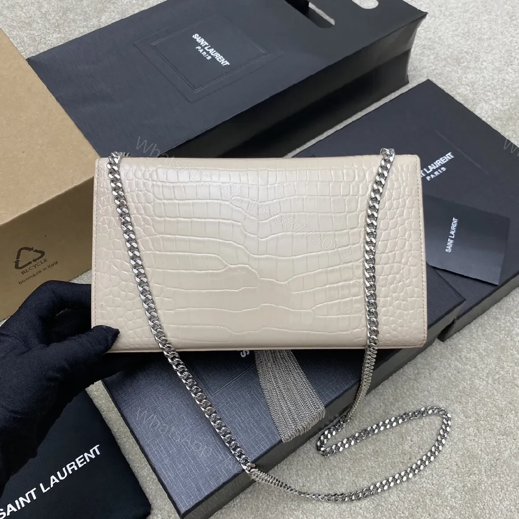View 7 of Taupe Croc-Embossed Crossbody with Luxe Hardware, Structured Bag